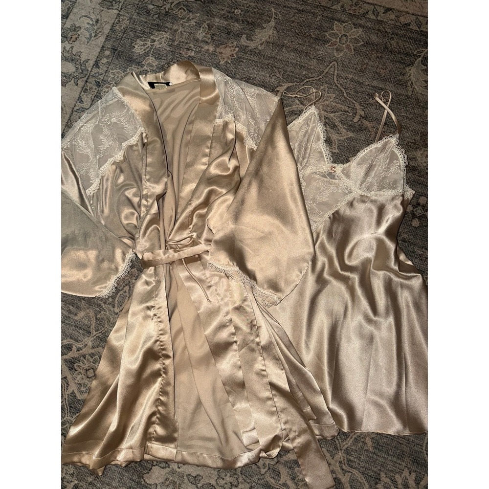 Vintage Valentino Intimo Satin Lace Slip Dress w/ Robe Champagne Gold Feminine